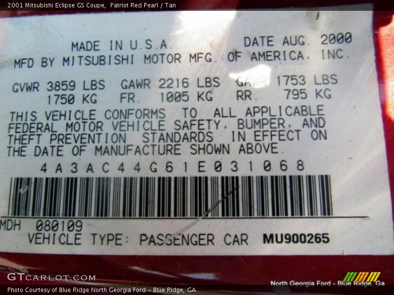 Patriot Red Pearl / Tan 2001 Mitsubishi Eclipse GS Coupe