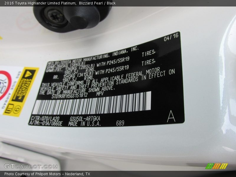 Blizzard Pearl / Black 2016 Toyota Highlander Limited Platinum