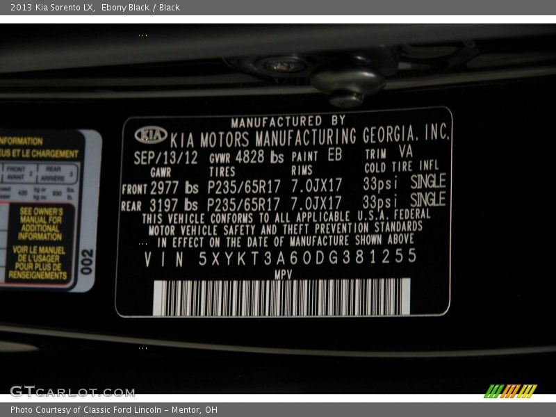 Ebony Black / Black 2013 Kia Sorento LX