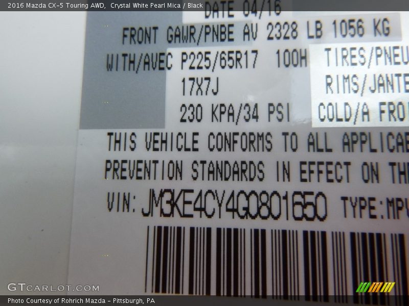 Crystal White Pearl Mica / Black 2016 Mazda CX-5 Touring AWD