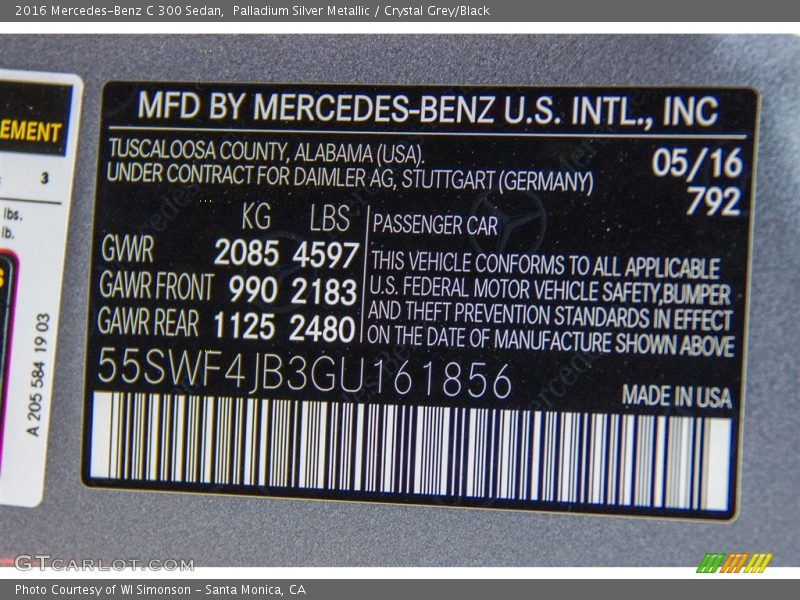 Palladium Silver Metallic / Crystal Grey/Black 2016 Mercedes-Benz C 300 Sedan