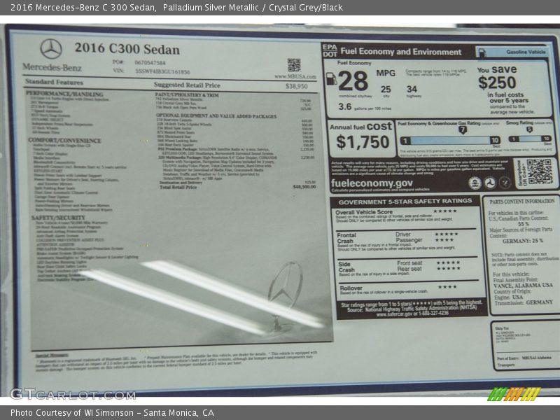 Palladium Silver Metallic / Crystal Grey/Black 2016 Mercedes-Benz C 300 Sedan