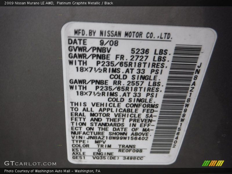 Platinum Graphite Metallic / Black 2009 Nissan Murano LE AWD
