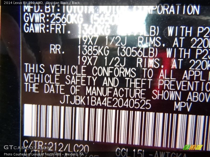 Obsidian Black / Black 2014 Lexus RX 350 AWD