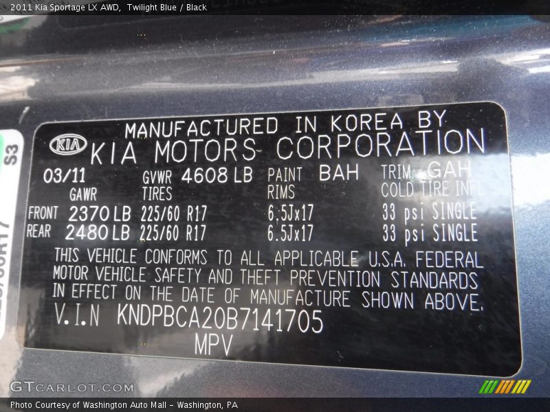 Twilight Blue / Black 2011 Kia Sportage LX AWD