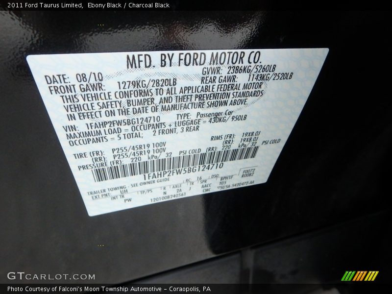 Ebony Black / Charcoal Black 2011 Ford Taurus Limited
