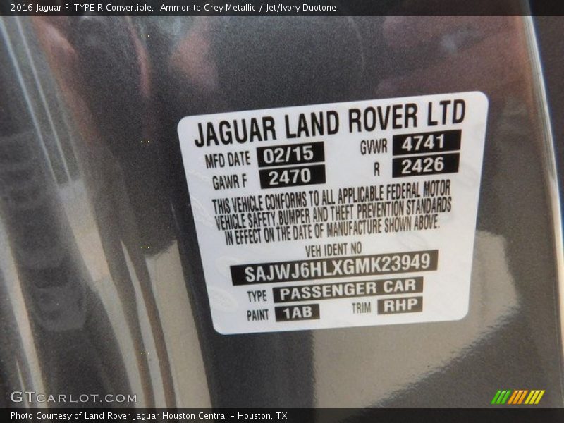 Ammonite Grey Metallic / Jet/Ivory Duotone 2016 Jaguar F-TYPE R Convertible