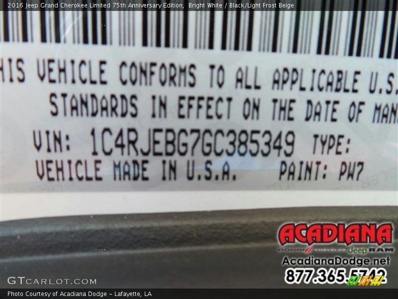 Bright White / Black/Light Frost Beige 2016 Jeep Grand Cherokee Limited 75th Anniversary Edition
