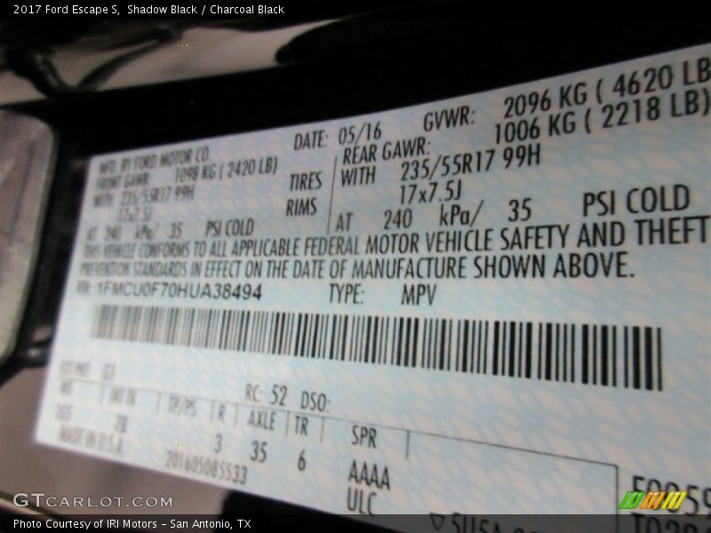 Shadow Black / Charcoal Black 2017 Ford Escape S