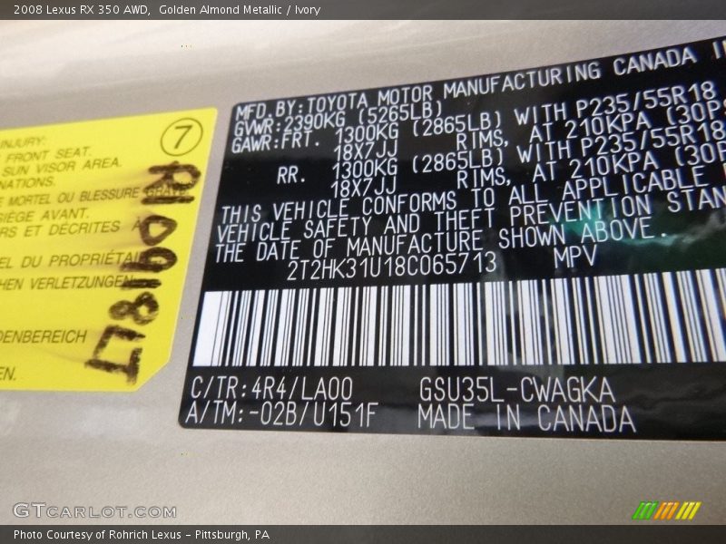 Golden Almond Metallic / Ivory 2008 Lexus RX 350 AWD