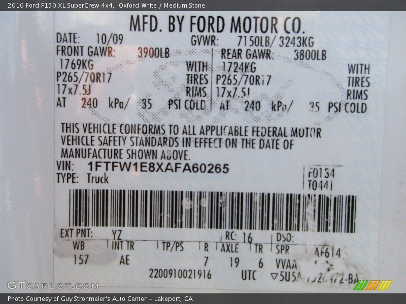 Oxford White / Medium Stone 2010 Ford F150 XL SuperCrew 4x4