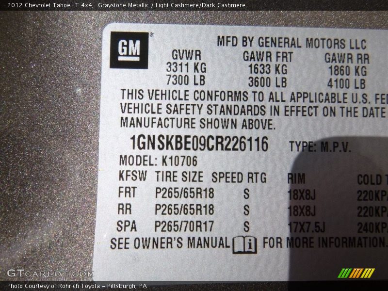 Graystone Metallic / Light Cashmere/Dark Cashmere 2012 Chevrolet Tahoe LT 4x4