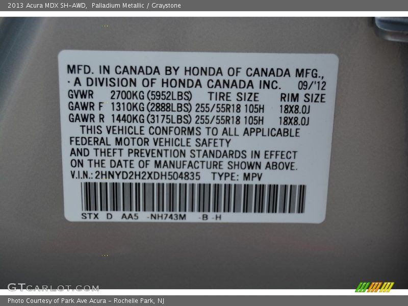 Palladium Metallic / Graystone 2013 Acura MDX SH-AWD