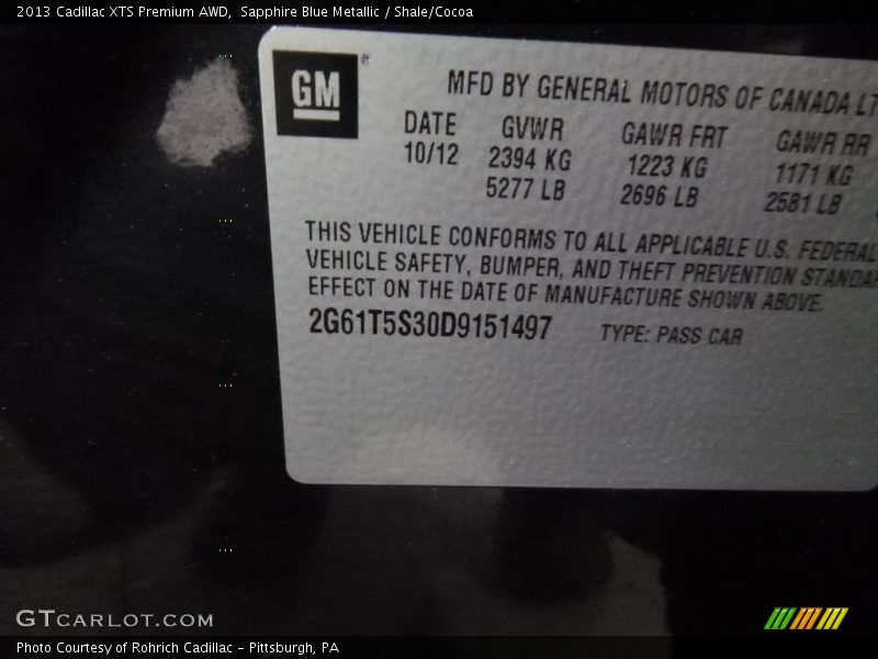 Sapphire Blue Metallic / Shale/Cocoa 2013 Cadillac XTS Premium AWD