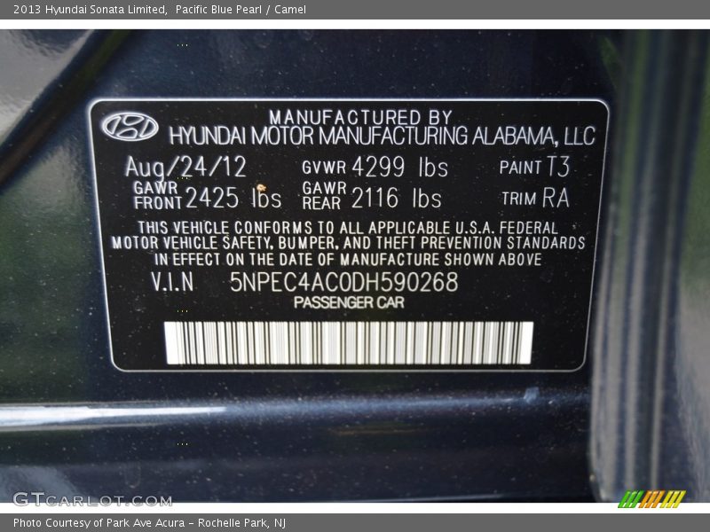 Pacific Blue Pearl / Camel 2013 Hyundai Sonata Limited
