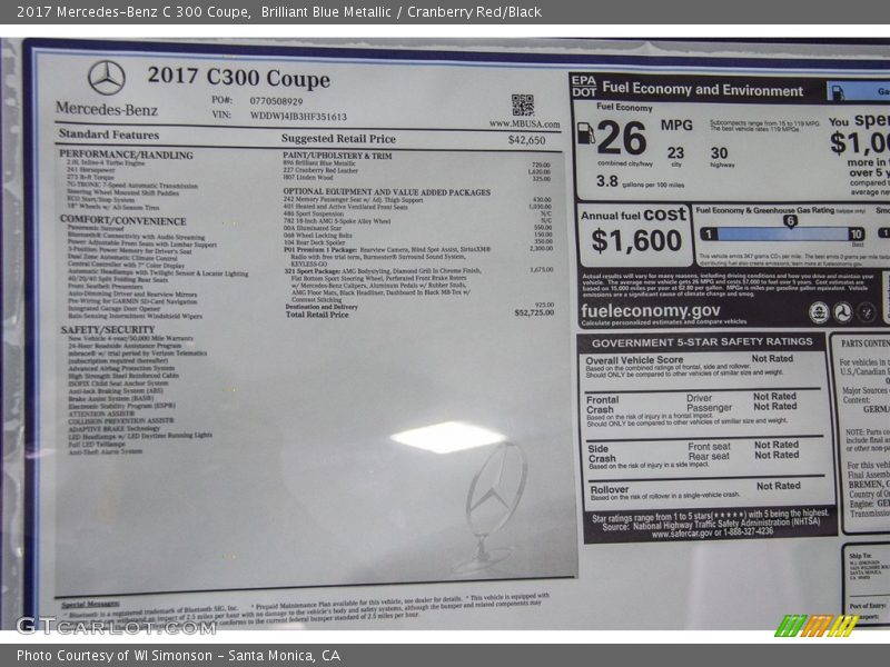  2017 C 300 Coupe Window Sticker