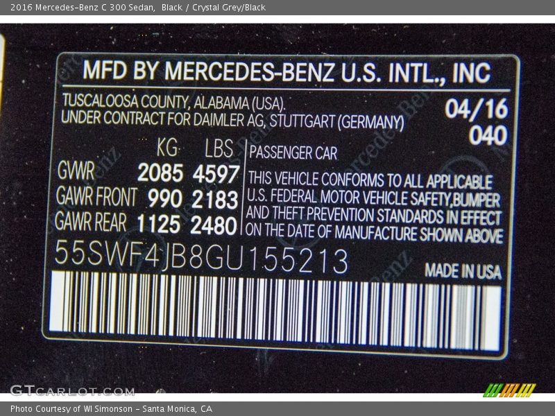 Black / Crystal Grey/Black 2016 Mercedes-Benz C 300 Sedan