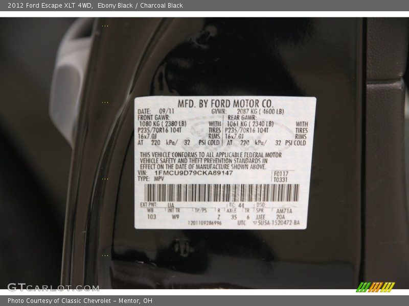 Ebony Black / Charcoal Black 2012 Ford Escape XLT 4WD