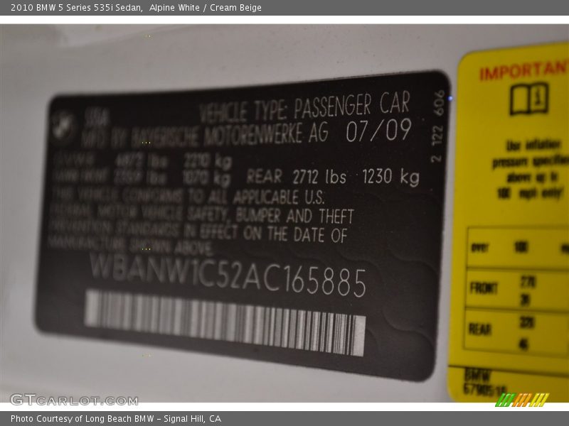 Alpine White / Cream Beige 2010 BMW 5 Series 535i Sedan