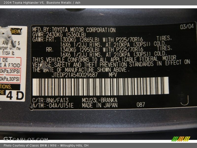 Bluestone Metallic / Ash 2004 Toyota Highlander V6