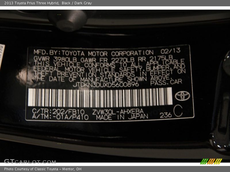 Black / Dark Gray 2013 Toyota Prius Three Hybrid