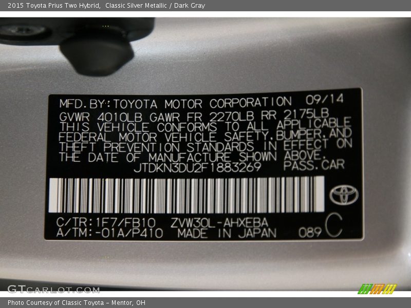 Classic Silver Metallic / Dark Gray 2015 Toyota Prius Two Hybrid