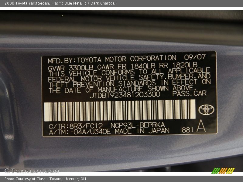 Pacific Blue Metallic / Dark Charcoal 2008 Toyota Yaris Sedan