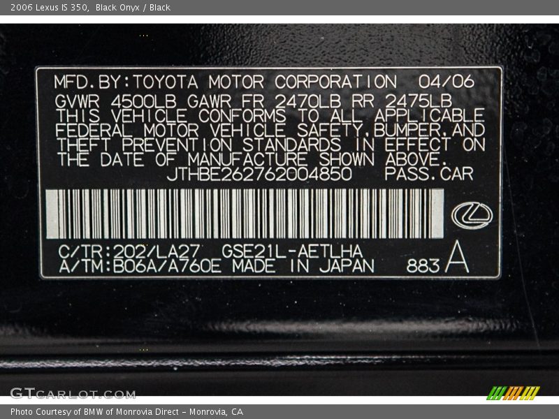 Black Onyx / Black 2006 Lexus IS 350