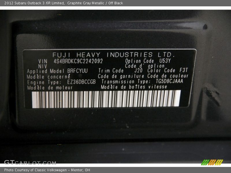 Graphite Gray Metallic / Off Black 2012 Subaru Outback 3.6R Limited