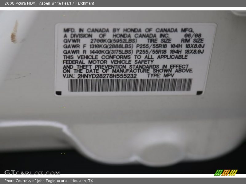 Aspen White Pearl / Parchment 2008 Acura MDX