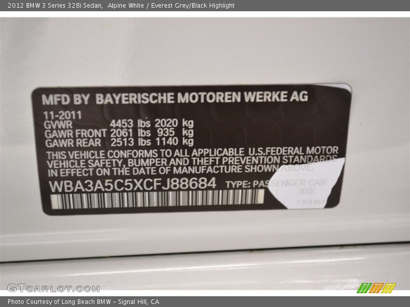 Alpine White / Everest Grey/Black Highlight 2012 BMW 3 Series 328i Sedan