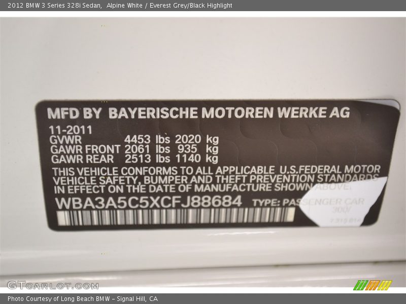 Alpine White / Everest Grey/Black Highlight 2012 BMW 3 Series 328i Sedan