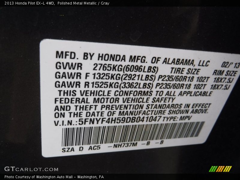 Polished Metal Metallic / Gray 2013 Honda Pilot EX-L 4WD