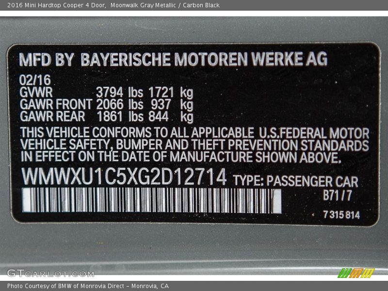 Moonwalk Gray Metallic / Carbon Black 2016 Mini Hardtop Cooper 4 Door