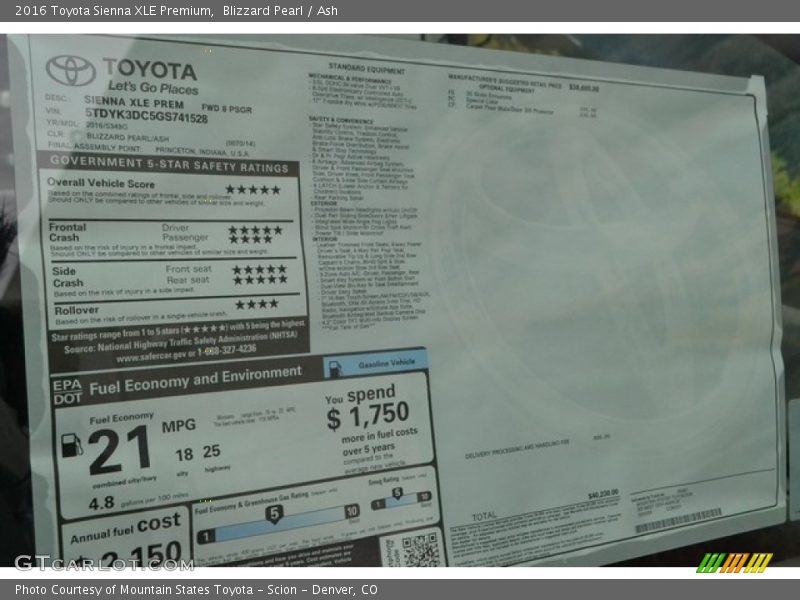 Blizzard Pearl / Ash 2016 Toyota Sienna XLE Premium