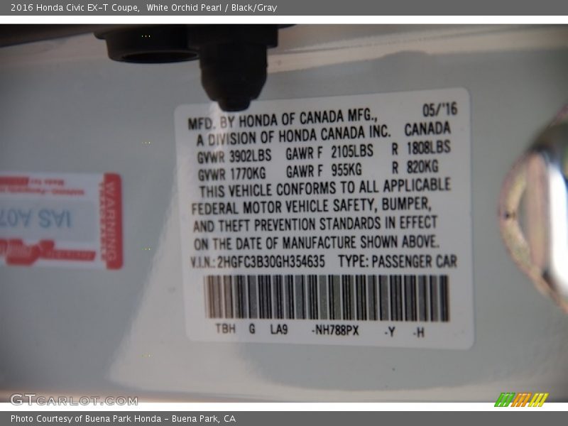 White Orchid Pearl / Black/Gray 2016 Honda Civic EX-T Coupe