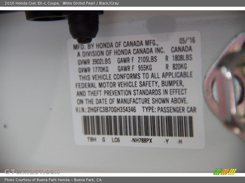 White Orchid Pearl / Black/Gray 2016 Honda Civic EX-L Coupe