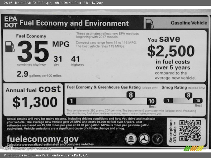 White Orchid Pearl / Black/Gray 2016 Honda Civic EX-T Coupe