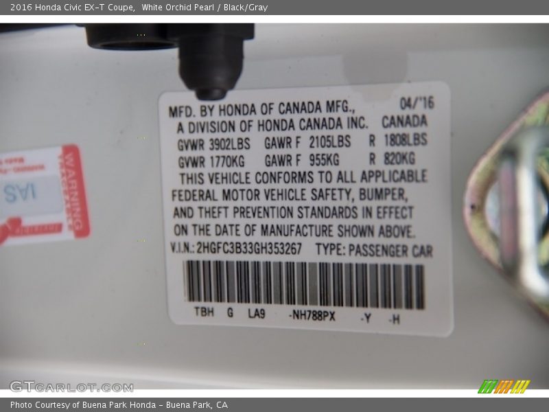 White Orchid Pearl / Black/Gray 2016 Honda Civic EX-T Coupe