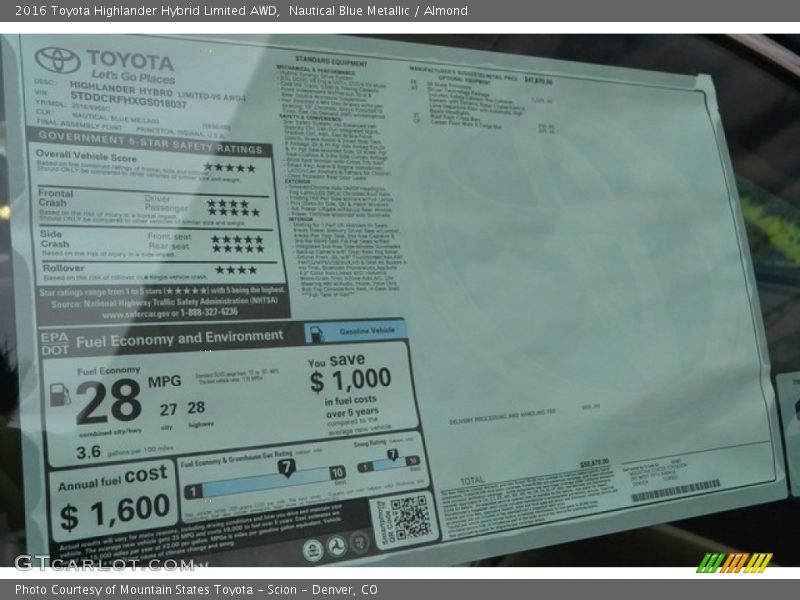 Nautical Blue Metallic / Almond 2016 Toyota Highlander Hybrid Limited AWD