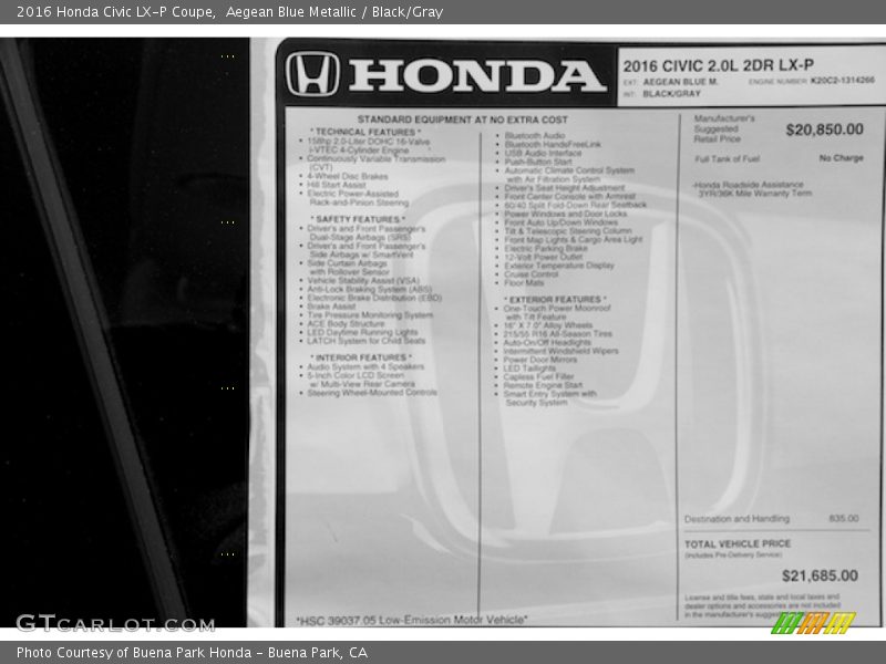 Aegean Blue Metallic / Black/Gray 2016 Honda Civic LX-P Coupe