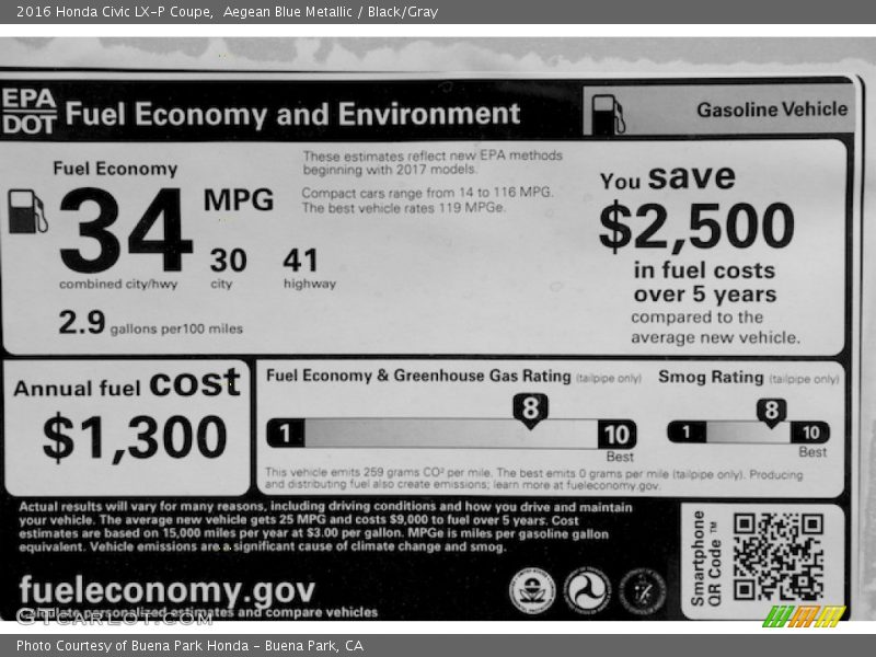 Aegean Blue Metallic / Black/Gray 2016 Honda Civic LX-P Coupe