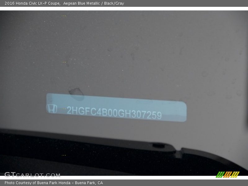 Aegean Blue Metallic / Black/Gray 2016 Honda Civic LX-P Coupe