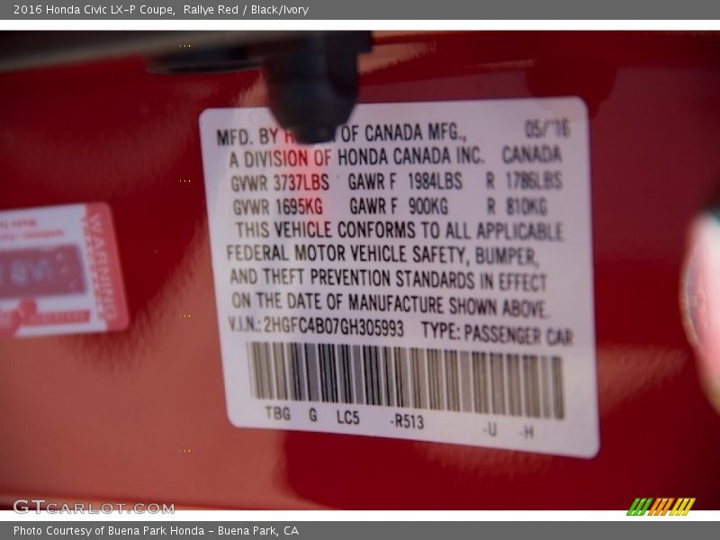 Rallye Red / Black/Ivory 2016 Honda Civic LX-P Coupe