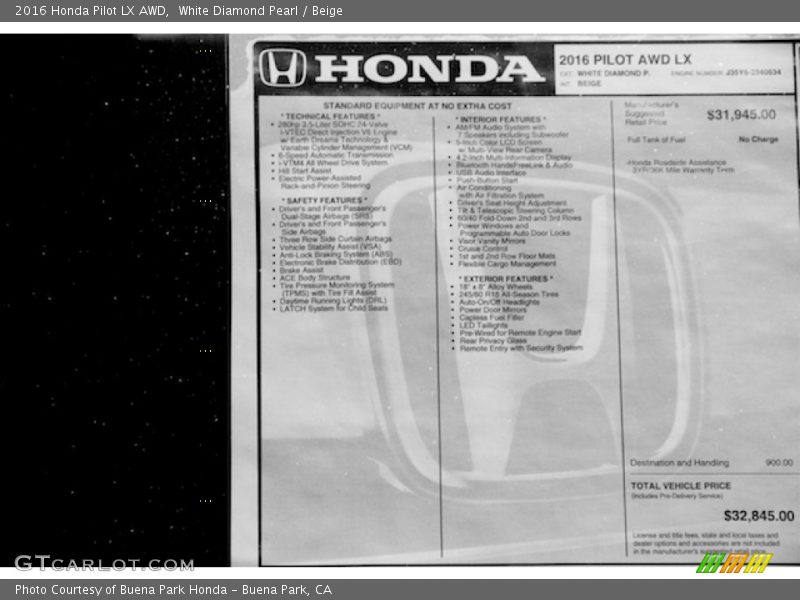 White Diamond Pearl / Beige 2016 Honda Pilot LX AWD