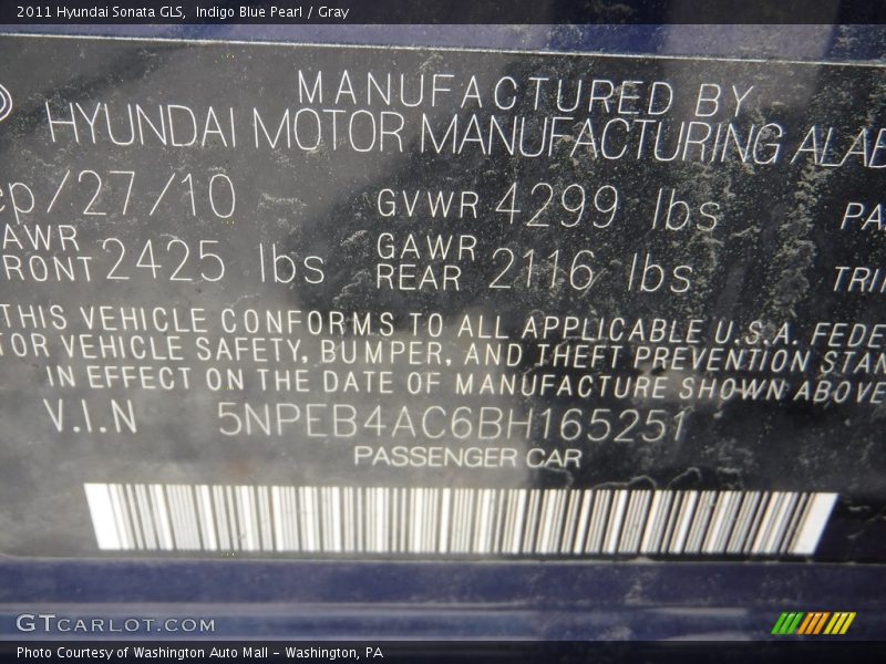 Indigo Blue Pearl / Gray 2011 Hyundai Sonata GLS
