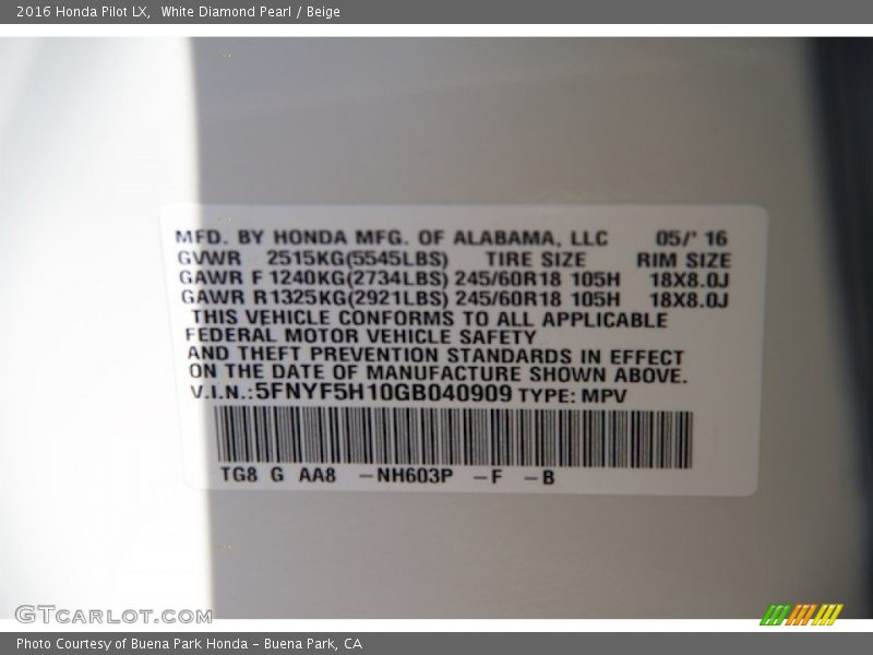 White Diamond Pearl / Beige 2016 Honda Pilot LX