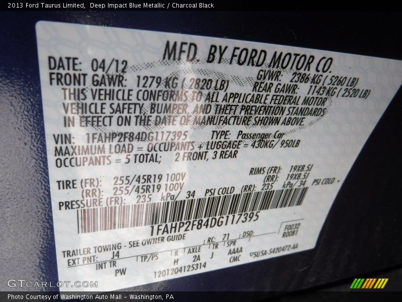 Deep Impact Blue Metallic / Charcoal Black 2013 Ford Taurus Limited