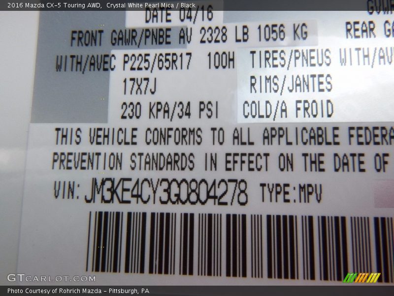 Crystal White Pearl Mica / Black 2016 Mazda CX-5 Touring AWD