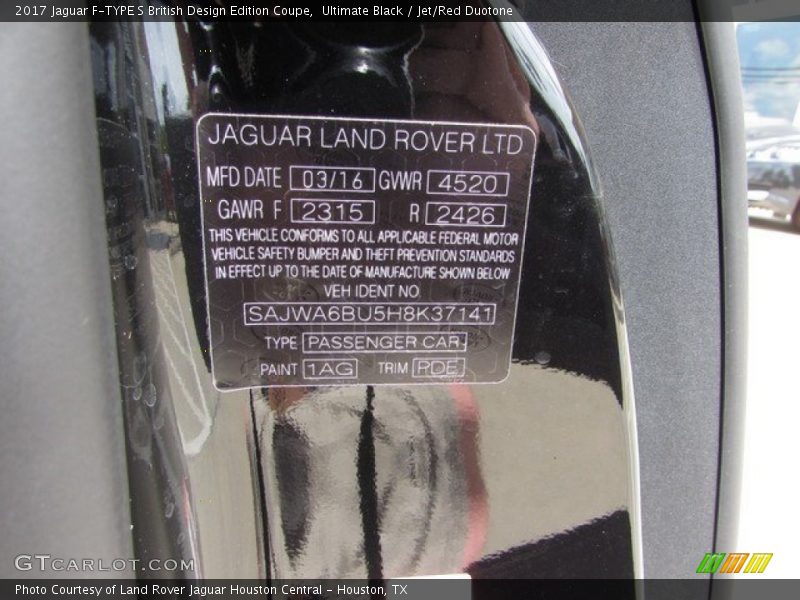 2017 F-TYPE S British Design Edition Coupe Ultimate Black Color Code 1AG